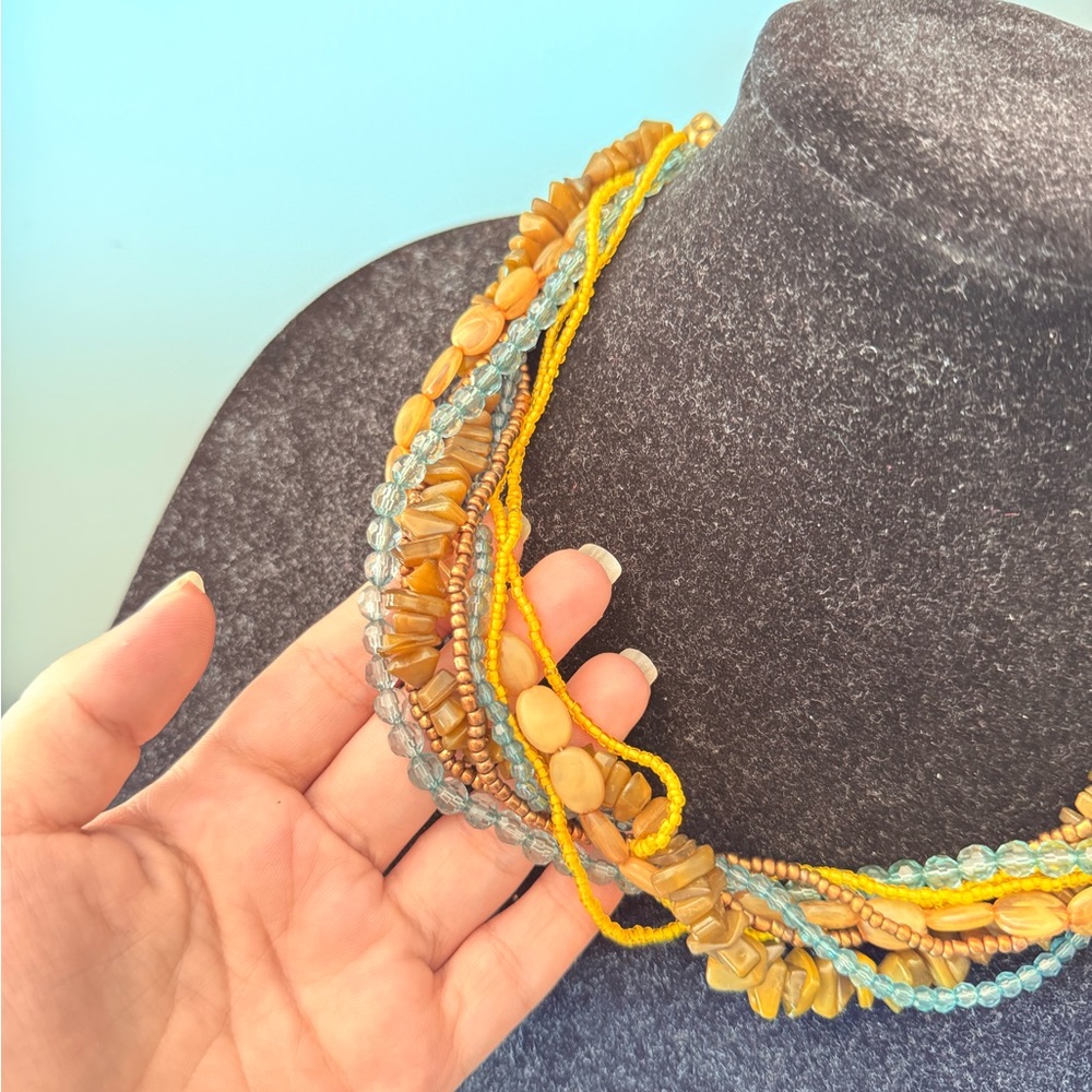 Vintage Blue and Yellow Beaded Necklace - Picture 2 of 5